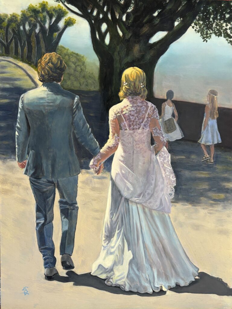 Schilderij van een echtpaar wandelend op een zonnige dag over Italiaans straatje - huwelijkscadeau