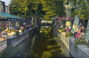 Olieverfschilderij van een zomers Frans terras aan het water, met groen, reflecties en warm licht. door Laura Baten