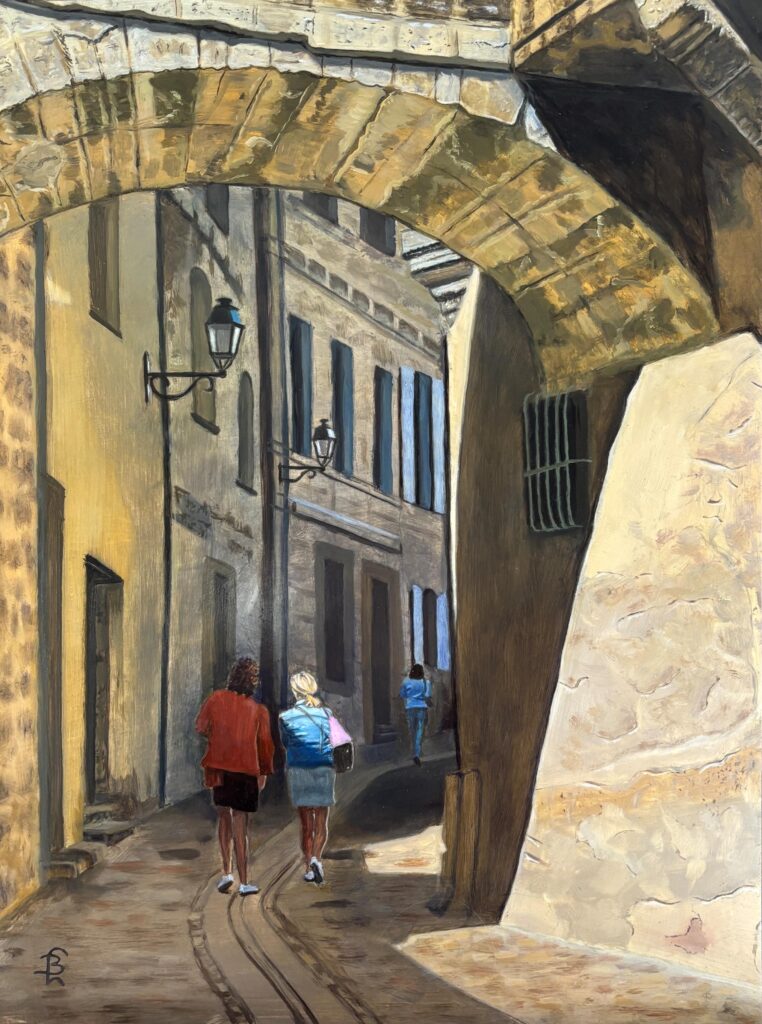 Olieverfschilderij van zonnige straat met oude gevels, warme aardetinten en wandelende figuren